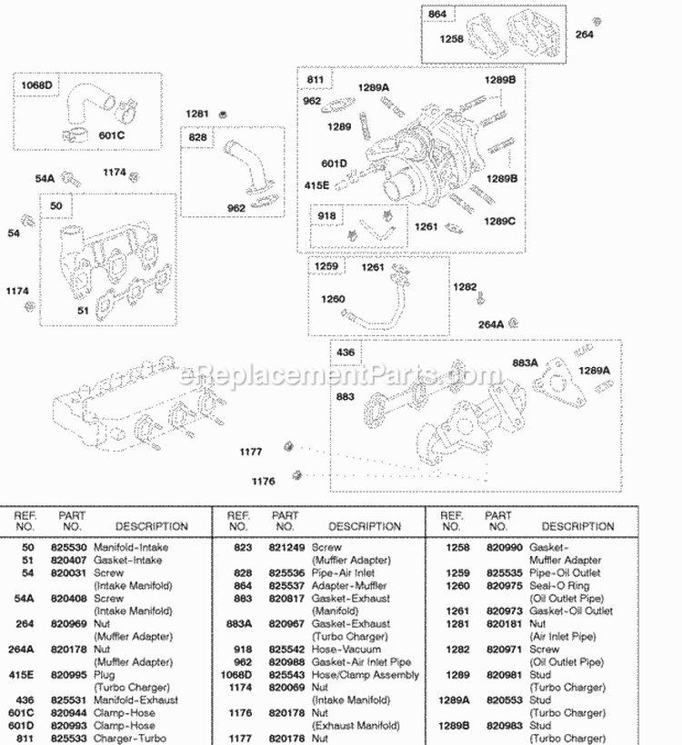 Turbo Charger Intake Manifold Exhaust Manifold Diagram and Parts List for 58A447-0234-99  Briggs and Stratton Engine